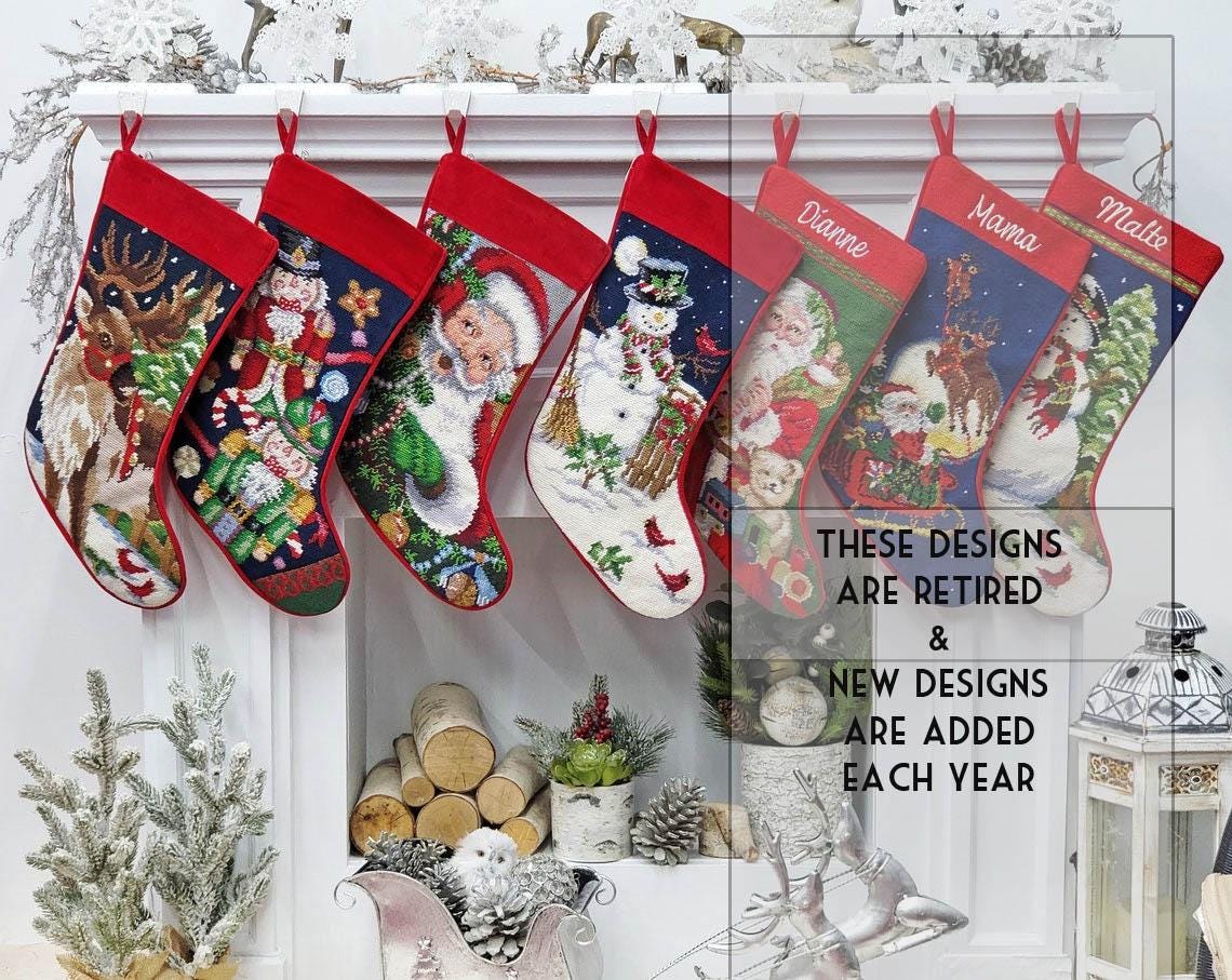 Needlepoint Christmas Stockings Personalized Santa Nutcracker Reindeer Old World Finished Embroidered Stockings with Names