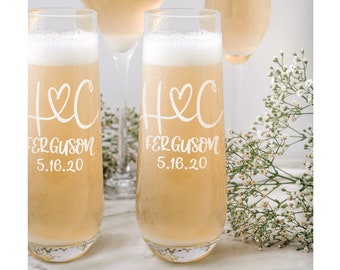 Monogrammed Initials Couples Gift Husband Wife His Her Set of 2 Stemless Champagne Engraved Glassware Renew Vows 25th Wedding Anniversary