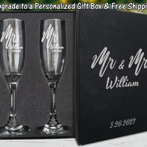 Bride and Groom Etched Champagne Flutes: Newlywed Wedding Glasses Gift Box - Mr. Mrs. Beer Mug, Wine Stemless - Free Personalization