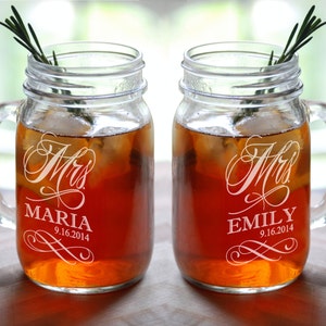 MRS and MRS Personalized Lesbian Wedding Mason Jar  Set of 2 Engraved Her Anniversary Gift Favor Idea Girlfriend Toasting Glass Civil Union
