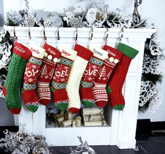 Knitted Christmas Stockings Red Ivory Green Cable Knit Family With Pets Cat  Mouse Dog Bone JOY LOVE NOEL Personalize Embroider Family Xmas 