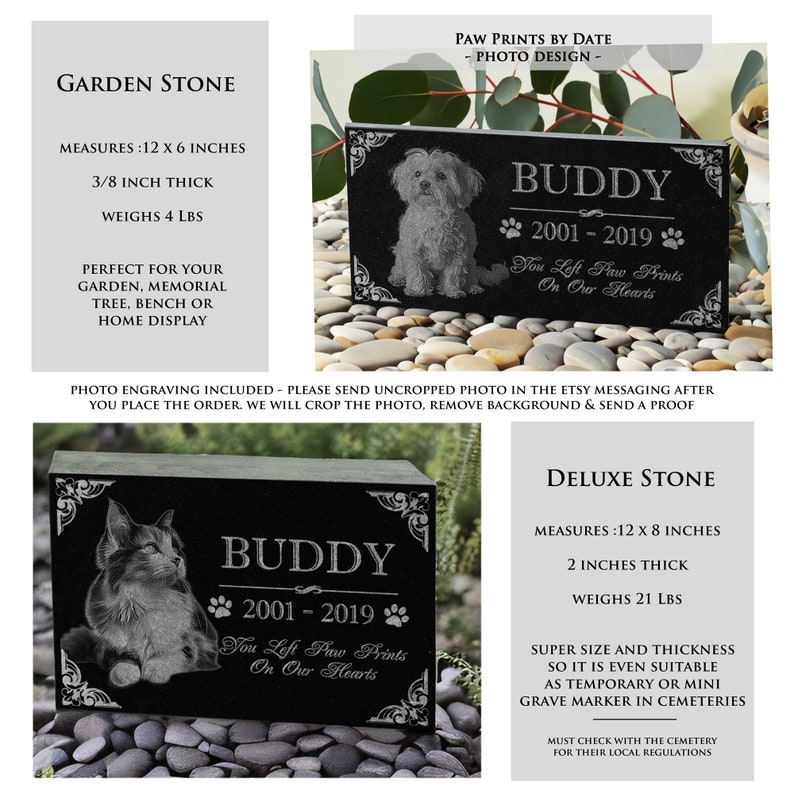 Personalized Custom Granite Dog Cat Memorial Headstone Waterproof Pet Cemetery Marker with Photo Plaque for Outdoor Garden Stepping Stone Paws by Date + Photo