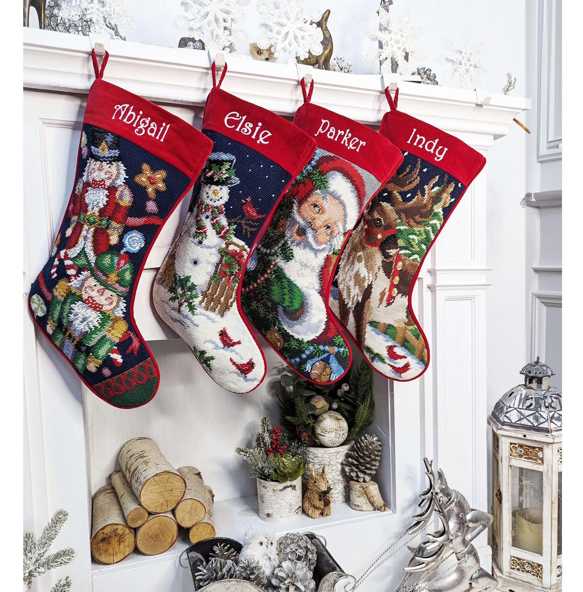 BOLSWJKJR1 Personalized Knitted Christmas Stocking with Name, Christmas Trees Snowflake Paw Custom Needlepoint Stockings Set of 4, Embroidery Customized