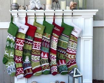 Personalized Knitted Christmas Stockings Green White Red Intarsia Fair Isle Knit Christmas Decor Deer Snowflakes Extra Large