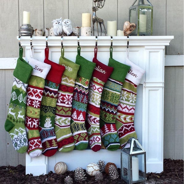 Personalized Knitted Christmas Stockings Green White Red Intarsia Fair Isle Knit Christmas Decor Deer Snowflakes Extra Large
