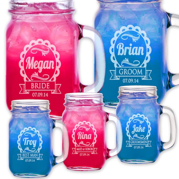 Cute Wedding Party Personalized Mugs Mason Jars with Handle Engraved Groomsmen Favor Bridesmaid Gift Idea Drinking Glasses Bulk  Discount