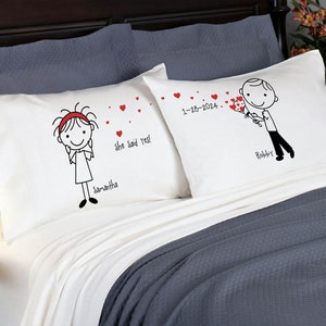 Valentines Day Gift Cute Heart Gift Pillowcases for Boyfriend Girlfriend Couple Anniversary Personalized Stick People Love Valentine's image 4