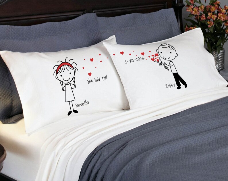 Valentines Day Gift Cute Heart Gift Pillowcases for Boyfriend Girlfriend Couple Anniversary Personalized Stick People Love Valentine's image 4