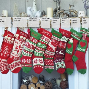 Knitted Christmas Stockings Red IVORY Green Fun Snowflake Family with Pets Cat Mouse Meow and Dog Bone Woof Knit Personalized Embroidered image 6