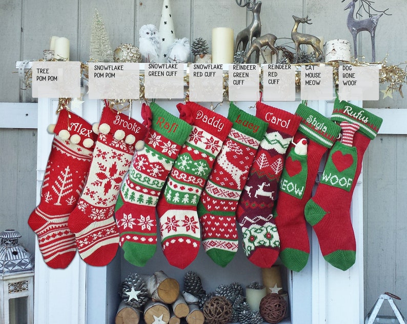 Knitted Christmas Stockings Red IVORY Green Fun Snowflake Family with Pets Cat Mouse Meow and Dog Bone Woof Knit Personalized Embroidered image 6