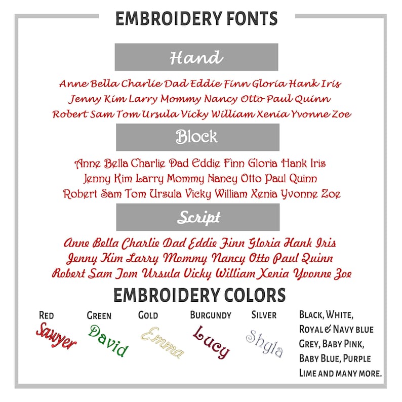 Puede incluir: Un gr&aacute;fico que muestra fuentes y colores de bordado. Las fuentes se clasifican como Hand, Block y Script, con ejemplos. Las opciones de color incluyen rojo, verde, dorado, burdeos, plateado y varios tonos como negro y azul.