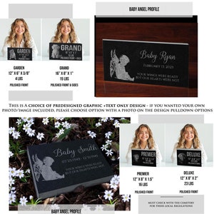 May include: Black granite memorial stones with a baby angel design and personalized text. The stones are available in different sizes and weights. The text on the stones reads "Baby Ryan", "Baby Smith", and "Grand".