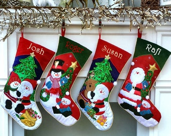 Applique Santa and Friends Christmas Stockings Embroidered with Names or Personalized Monogram for Kids and Adults