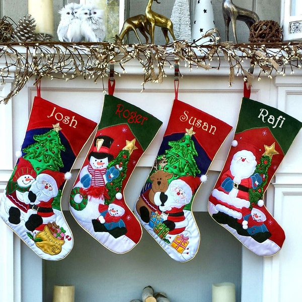 Applique Santa and Friends Christmas Stockings Embroidered with Names or Personalized Monogram for Kids and Adults
