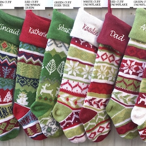 Personalized Knitted Christmas Stockings Green White Red Intarsia Fair Isle Knit Christmas Decor Deer Snowflakes Extra Large Green Cuff Deer Tree