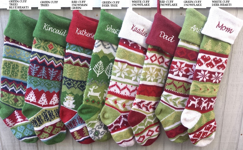 Personalized Knitted Christmas Stockings Green White Red Intarsia Fair Isle Knit Christmas Decor Deer Snowflakes Extra Large Green Cuff Deer Tree