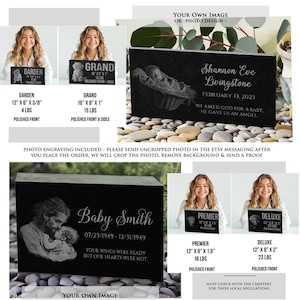 May include: Black granite memorial stones with personalized engravings. The stones are available in different sizes and styles, including Garden, Grand, Premier, and Deluxe. The stones can be engraved with a photo, name, dates, and a message.  The stones are perfect for remembering a loved one.