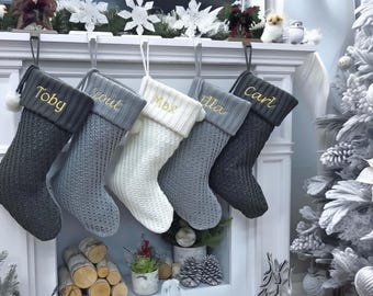 Modern Cable Knit Christmas Stockings Smoky, Ivory, Grey Personalized with Cutout Wood Name Tag Custom Xmas 2026 Stocking Decor