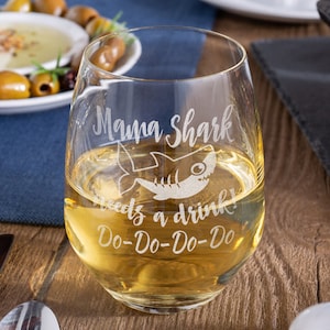 Mama Shark Needs a Drink Do Do Novelty Stemless Wine Glass First Mothers Day Gift from Daughter, Son Funny Sayings for New Mom Wife Birthday image 1