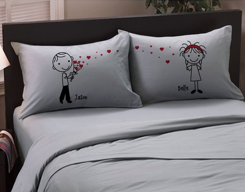 Valentines Day Gift Cute Heart Gift Pillowcases for Boyfriend Girlfriend Couple Anniversary Personalized Stick People Love Valentine's image 7