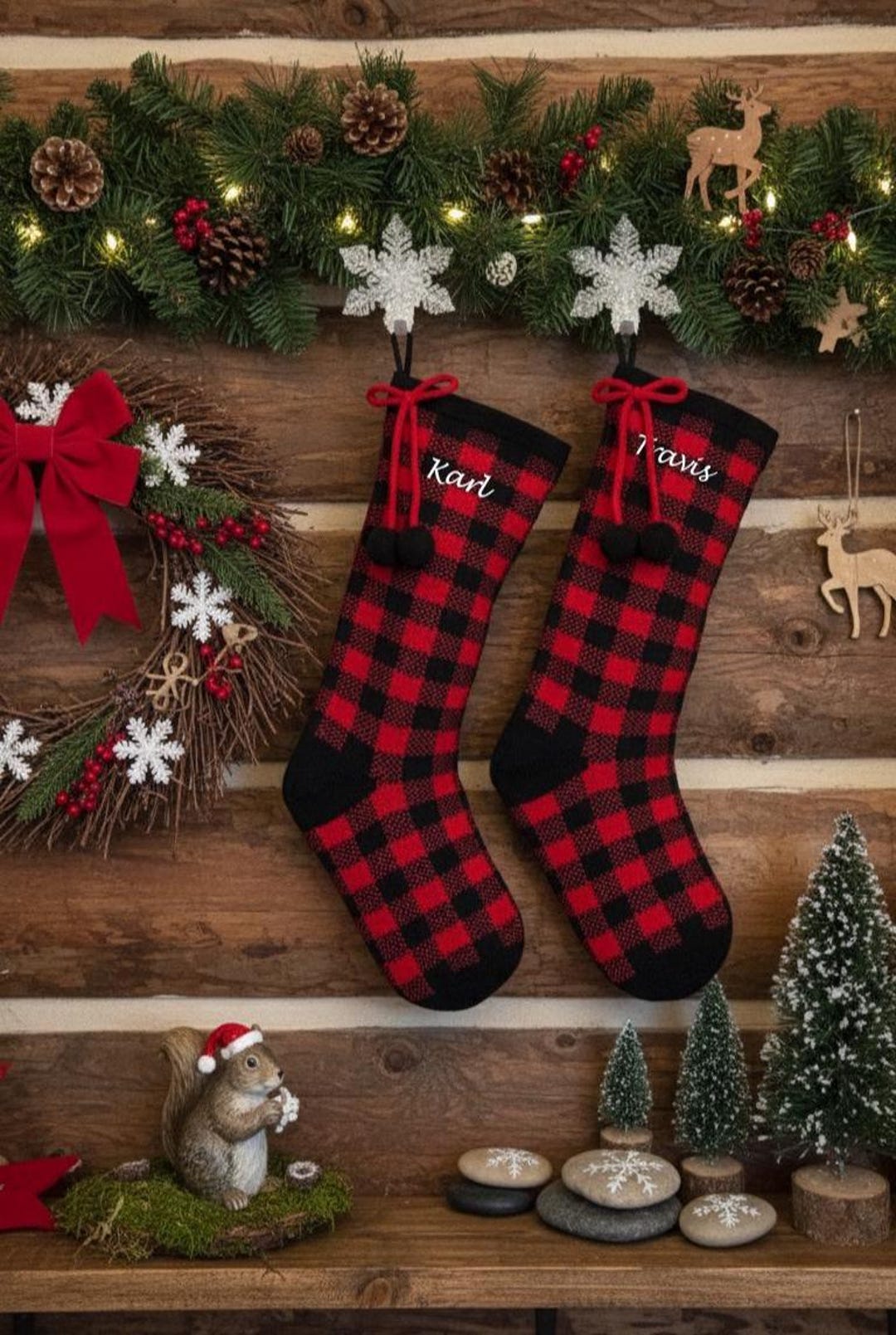 Farmhouse Christmas Stocking – Buffalo Plaid, Red, 17.25 X 7.25 Inches, Personalized Available (Bulk Orders OK)