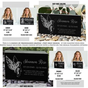 May include: Black granite memorial stone with a baby angel graphic and the text "Shannon Rose 07/23/1949 - 12/31/1949 We asked God for a baby. He gave us an angel. Safe in the arms of Jesus." The stone is available in three sizes: Garden (12" x 6" x 3/8", 4 lbs), Grand (16" x 8" x 1", 15 lbs), and Deluxe (12" x 8" x 2", 23 lbs).