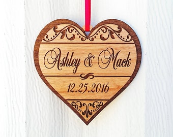 Personalized Christmas Heart Wood Ornament with Names and Date for Holiday Party, Wedding Gift, Engagement Announcement, Wedding Invitation