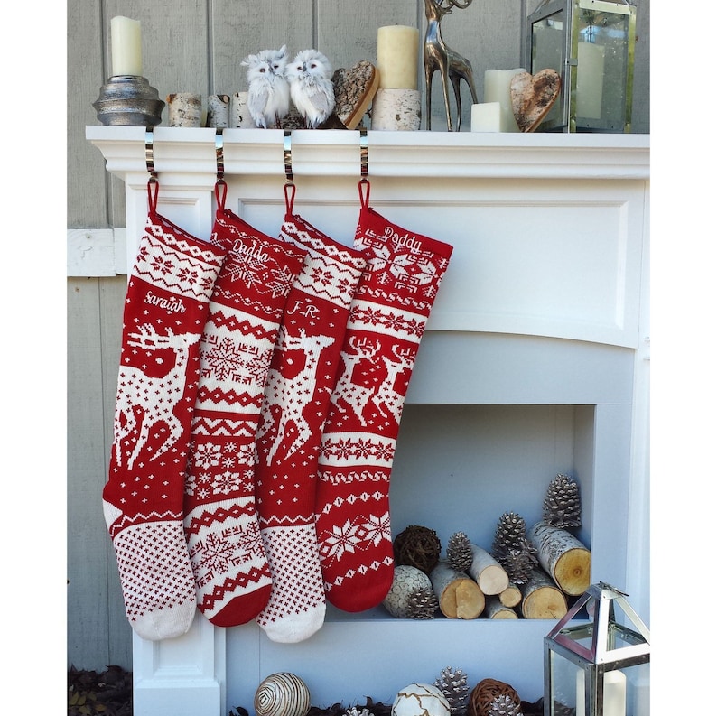 Knit Christmas Stockings Red White Reindeer or Snowflake Design Scandinavian Nordic Modern Holiday Theme Minimalist Look Custom Long image 5