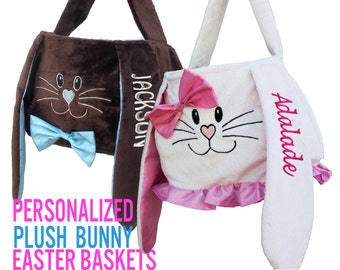 Cestas de Pascua personalizadas con forma de conejito de peluche de chocolate para niños o niñas de color rosa y blanco, canasta de huevos de Pascua con nombre bordado y monograma para niños