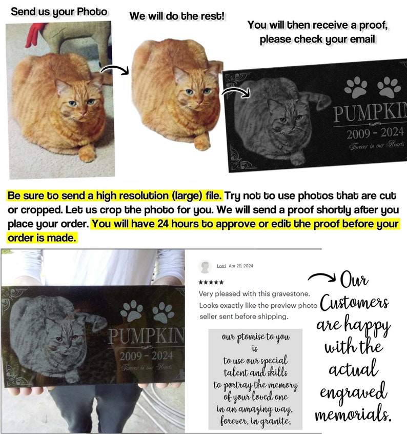 May include: A black granite pet memorial with a paw print design and the text "PUMPKIN 2009-2024 Forever in our Hearts". The memorial features a photo of a cat.