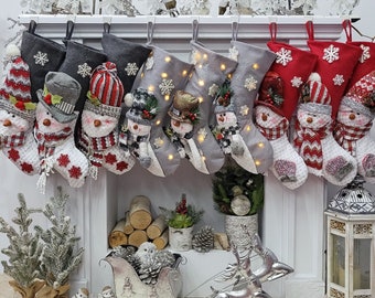 Children's Snowman Personalized Stockings Burgundy Grey Cozy Winter Christmas Stockings for Kids Burgundy Red Gray Snowman Holiday Stockings