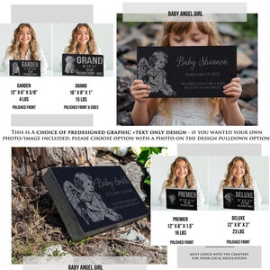 May include: Black granite memorial plaque with a baby angel design and the text "Baby Shannon, February 13, 2023, We asked God for a baby, He gave us an angel". The plaque is 12 inches by 8 inches and 1.5 inches thick. It weighs 16 pounds and is polished on the front.