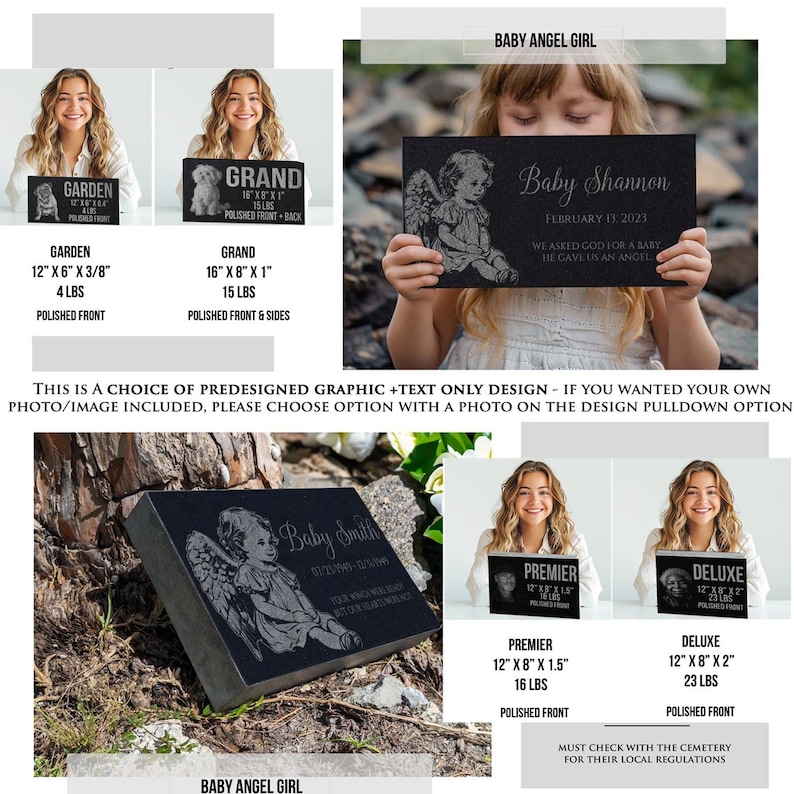 May include: Black granite memorial plaque with a baby angel design and the text "Baby Shannon, February 13, 2023, We asked God for a baby, He gave us an angel". The plaque is 12 inches by 8 inches and 1.5 inches thick. It weighs 16 pounds and is polished on the front.
