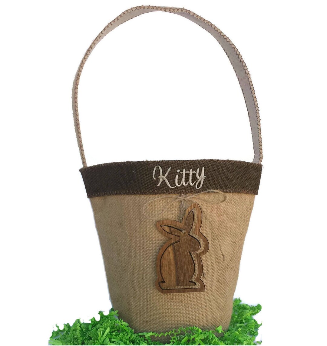 Burlap Easter Basket With Wooden Bunny Personalized Easter Etsy