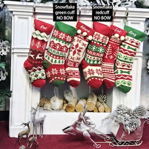 Knitted Christmas Stockings Red IVORY Green Fun Snowflake Family with Pets Cat Mouse Meow and Dog Bone Woof Knit Personalized Embroidered image 4