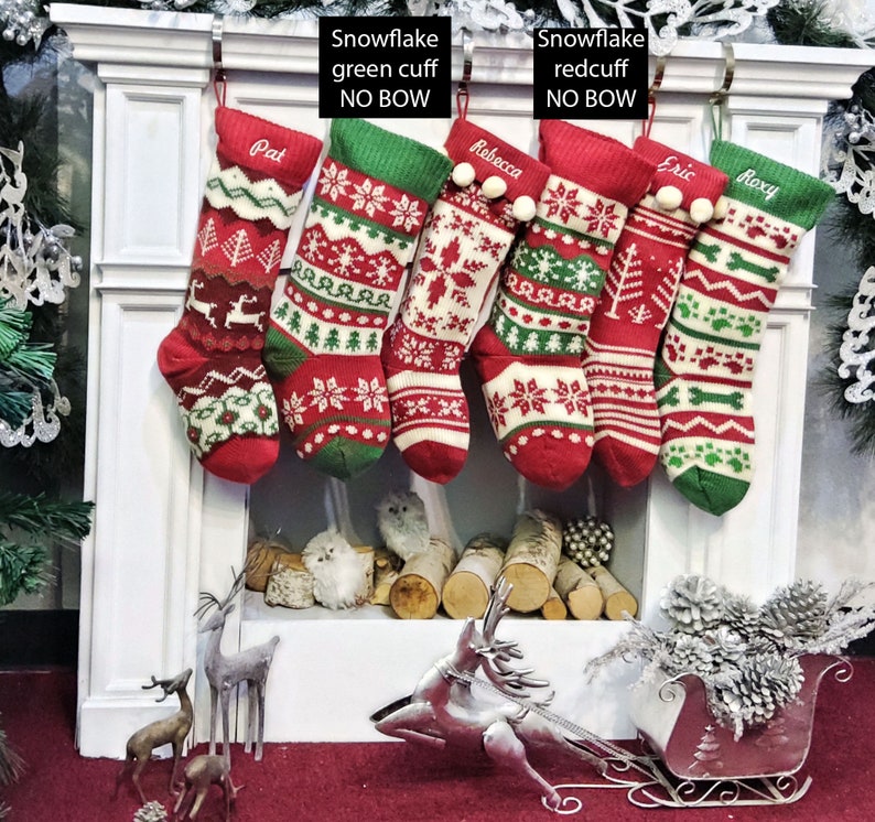 Knitted Christmas Stockings Red IVORY Green Fun Snowflake Family with Pets Cat Mouse Meow and Dog Bone Woof Knit Personalized Embroidered image 4