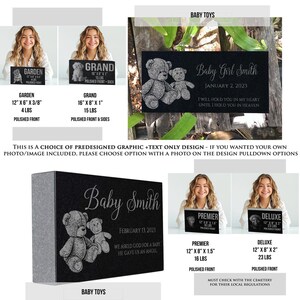 May include: Black granite memorial stone with a teddy bear design and the text "Baby Smith" and "February 13, 2023". The text "We asked God for a baby, He gave us an angel" is also included. The stone is 12 inches by 8 inches by 1.5 inches and weighs 16 pounds.