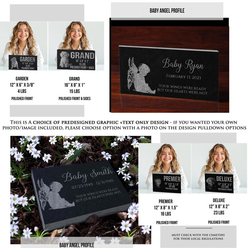 May include: Black granite memorial plaque with a baby angel design and the text "Baby Ryan, February 13, 2023, Your wings were ready but our hearts were not".