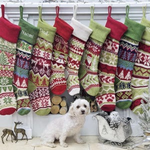 Personalized Extra Large Green Red Knitted Christmas Stockings - Fair Isle Intarsia with Cardinal, Tree, Snowman, and Snowflakes Embroidered