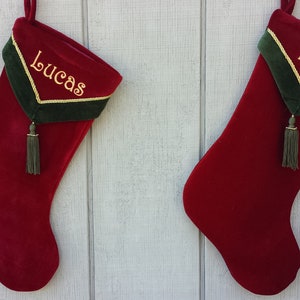 Designer Olive Velvet Christmas Stockings V-Cuff Tassel Custom Embroidered with Names image 3