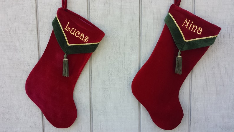 Designer Olive Velvet Christmas Stockings V-Cuff Tassel Custom Embroidered with Names image 3