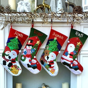 Applique Santa Snowman Reindeer and Friends Christmas Stockings Embroidered with Names or Personalized Monogram for Kids and Adults
