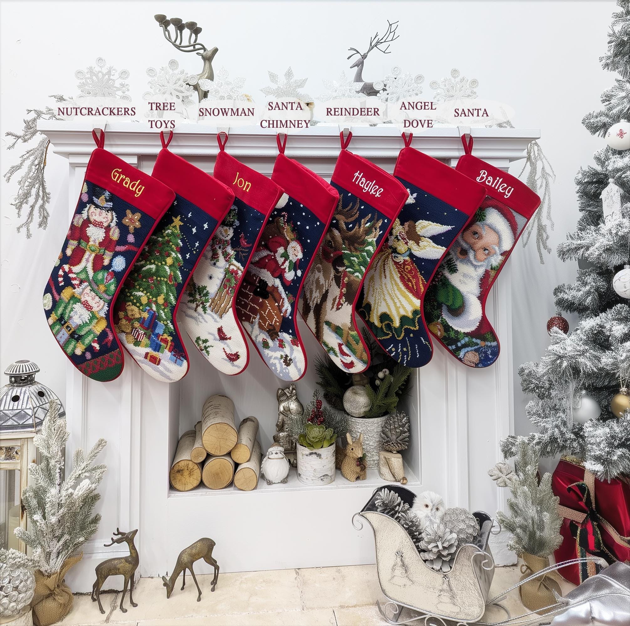 Needlepoint Christmas Stockings Personalized Santa Nutcracker Reindeer Old World Finished Embroidered Stockings with Names
