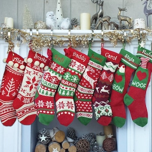 Knitted Christmas Stockings Red IVORY Green Fun Snowflake Family with Pets Cat Mouse Meow and Dog Bone Woof Knit Personalized Embroidered