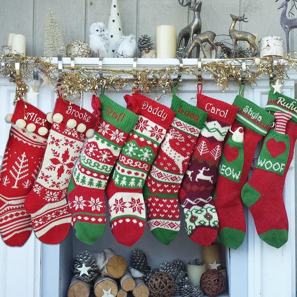 Knitted Christmas Stockings Red IVORY Green Fun Snowflake Family with Pets Cat Mouse Meow and Dog Bone Woof Knit Personalized Embroidered