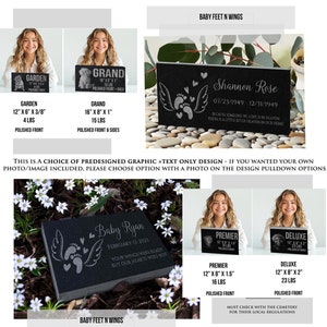 May include: Four black granite memorial stones with engraved text and images. The stones are different sizes and feature a garden, grand, premier, and deluxe design. Each stone has a polished front and some have polished sides. The stones are surrounded by white flowers and green foliage.