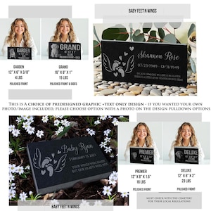 May include: Four black granite memorial stones with engraved text and images. The stones are different sizes and feature a garden, grand, premier, and deluxe design. Each stone has a polished front and some have polished sides. The stones are surrounded by white flowers and green foliage.