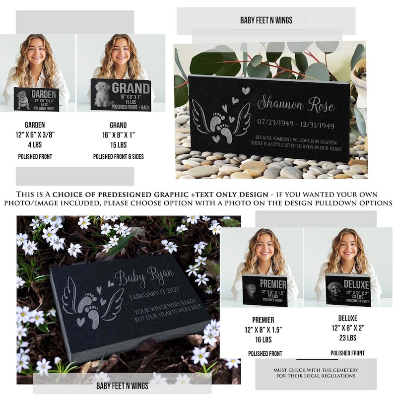 May include: Four black granite memorial stones with engraved text and images. The stones are different sizes and feature a garden, grand, premier, and deluxe design. Each stone has a polished front and some have polished sides. The stones are surrounded by white flowers and green foliage.