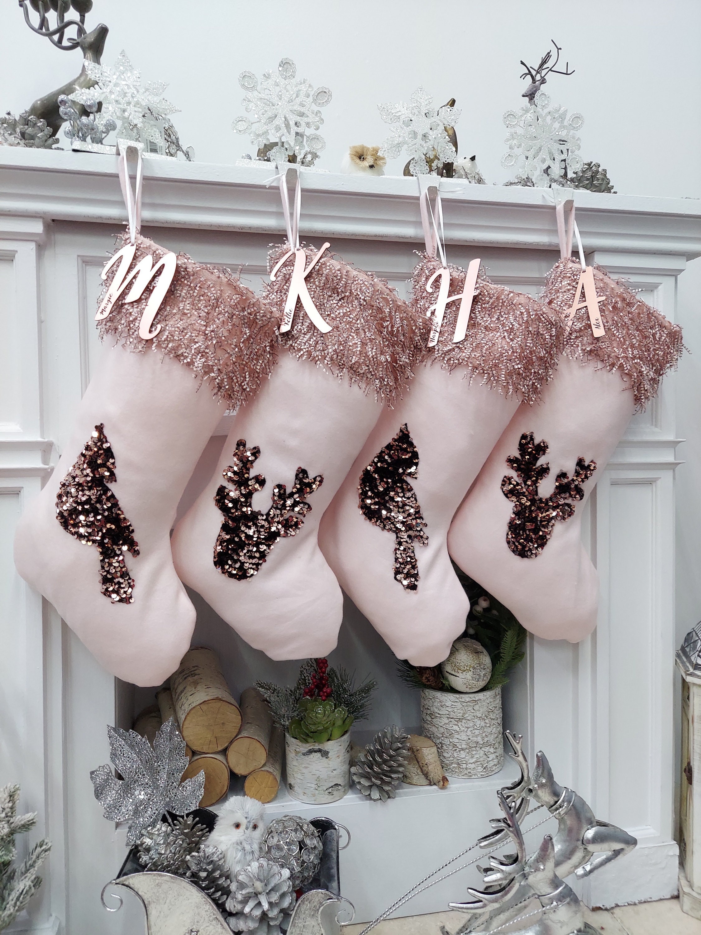 Pink Cardinal & Deer Christmas Stockings | Rose Gold Sequins