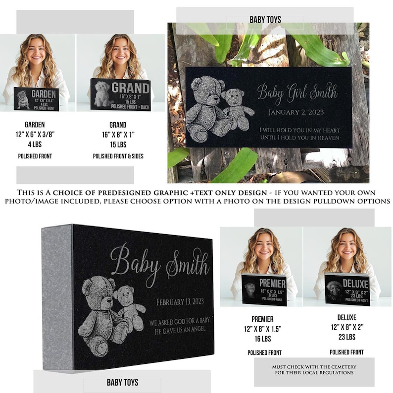 May include: Black granite memorial stone with a teddy bear design and the text "Baby Smith" and "February 13, 2023". The text "We asked God for a baby, He gave us an angel" is also included. The stone is 12 inches by 8 inches by 1.5 inches and weighs 16 pounds.